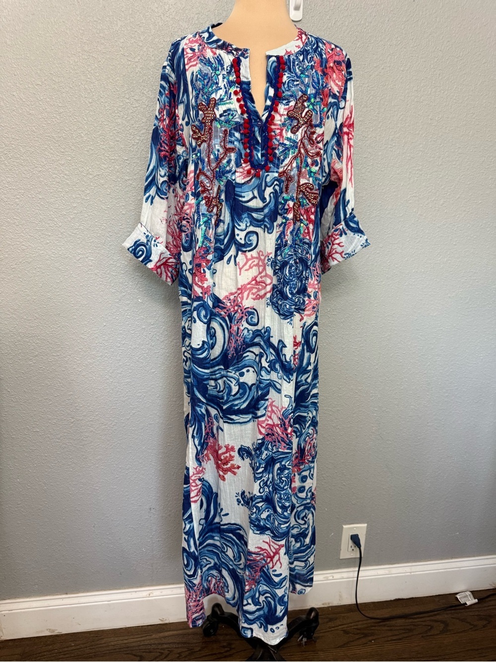 Antica Sartoria Positano Maxi Dress Coral Print Beaded Pom Pom Size Medium